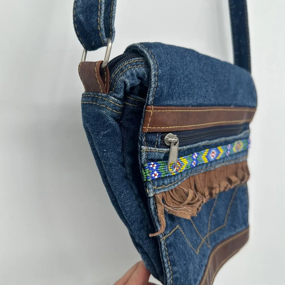 Boho 90s Denim Crossbody Bag Beaded‎ Fringe Leather Trim Adjustable Strap